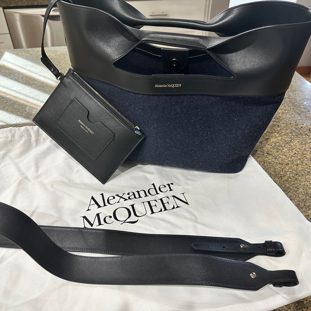 Alexander McQueen small black leather and denim THE BOW bag